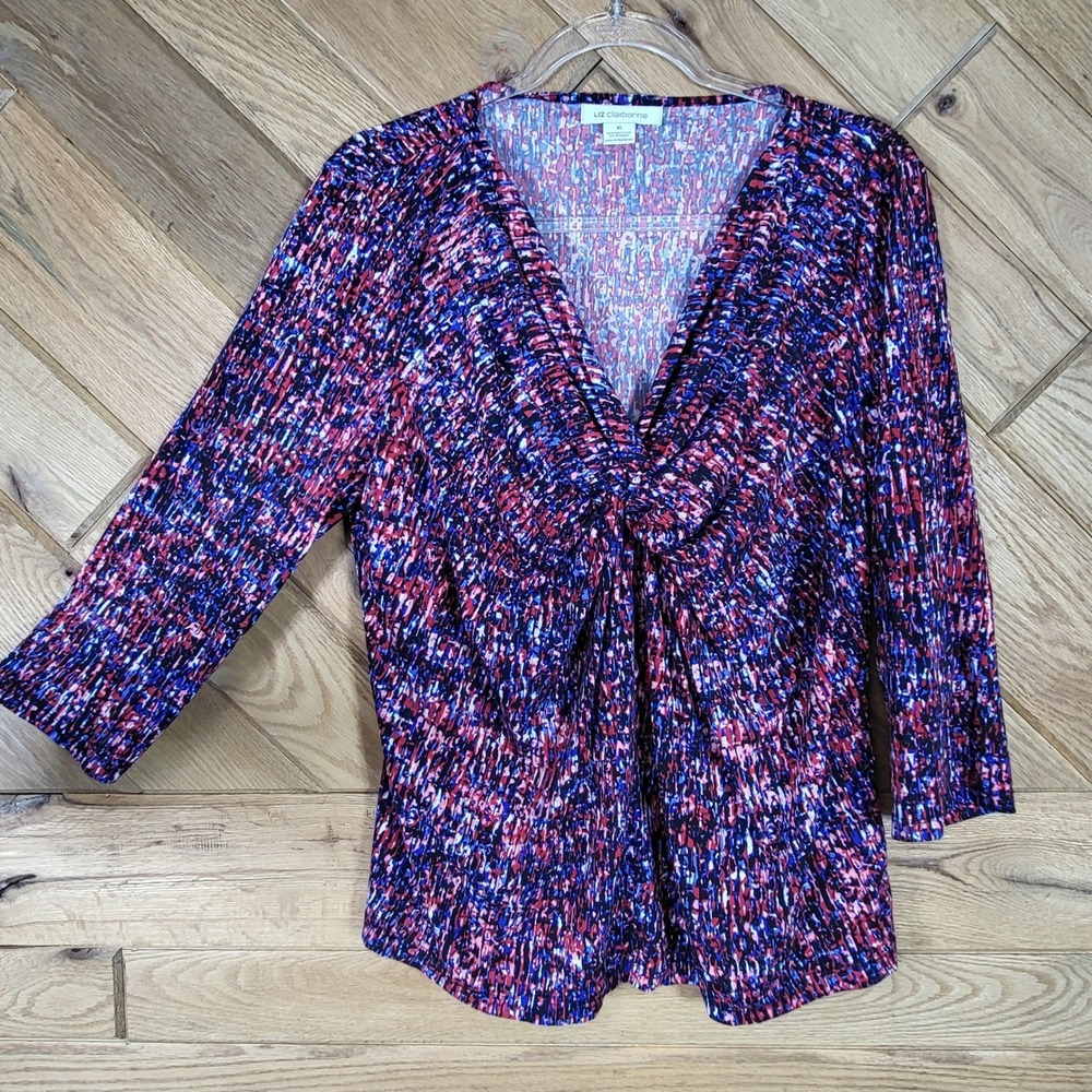 Liz Claiborne Blouse Womens XL 3/4 Sleeve Knot Front Abstract Print Pink Blue - Picture 3 of 5